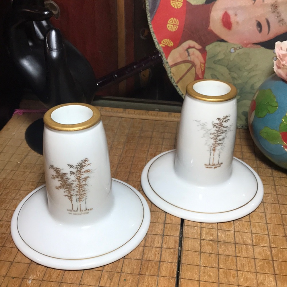 Arita Fukagawa Candleholder Set Hand Painted Made in Japan Golden Bamboo EVC
